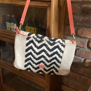 FOSSIL vintage Kira Canvas LeatherChevron Patterned Shoulder Bag Book Bag